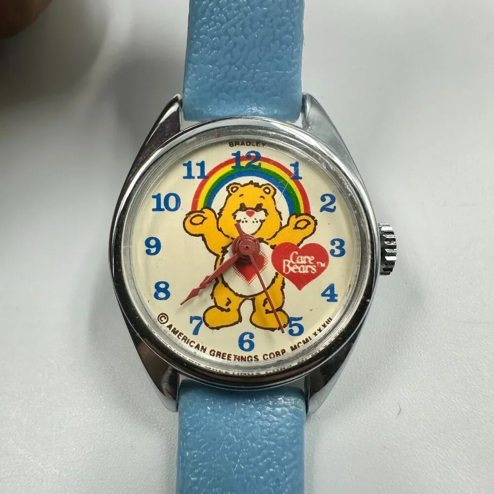 Vintage Bradley Care Bears Watch Kids Silver Tone Blue Leather Band Manual Wind